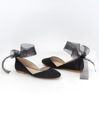 Black Satin Round Toe Evening Flat with Wrapped Ribbon TieWomen Shoes