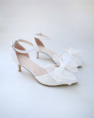 ivory satin low heels wedding shoes with organza bow