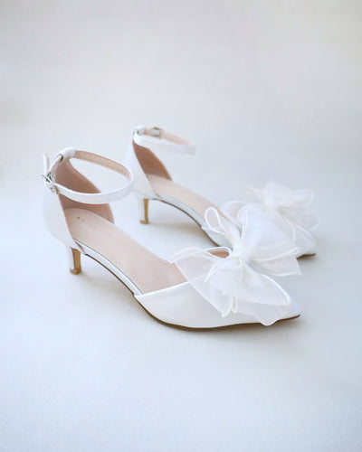 ivory satin low heels wedding shoes with organza bow