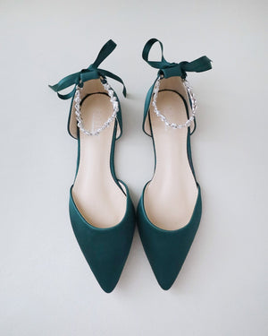 Satin Pointy Toe Evening Flats with Amaryllis Strap