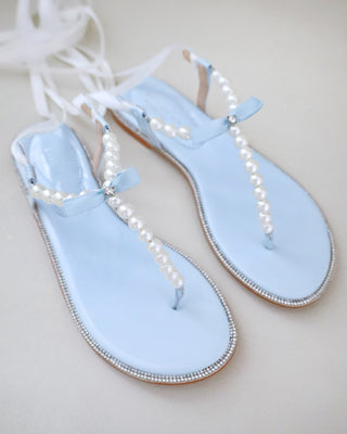 Light Blue Bridal Flat Sandals with Satin Ankle Strap