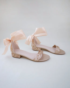 Rock Glitter Low Block Heel Evening Sandals with Wrapped Satin Tie