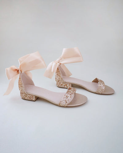 rose gold glitter heel wedding sandals with satin ribbon