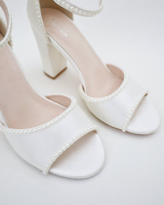 Satin Block Heel Wedding Sandals with Mini Pearls