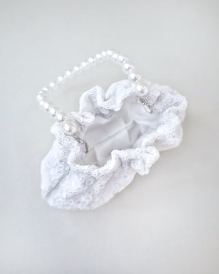 white crochet lace flower girl clutch