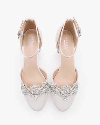 White Round Toe Satin Low Block Heel with Small Rhinestones Applique