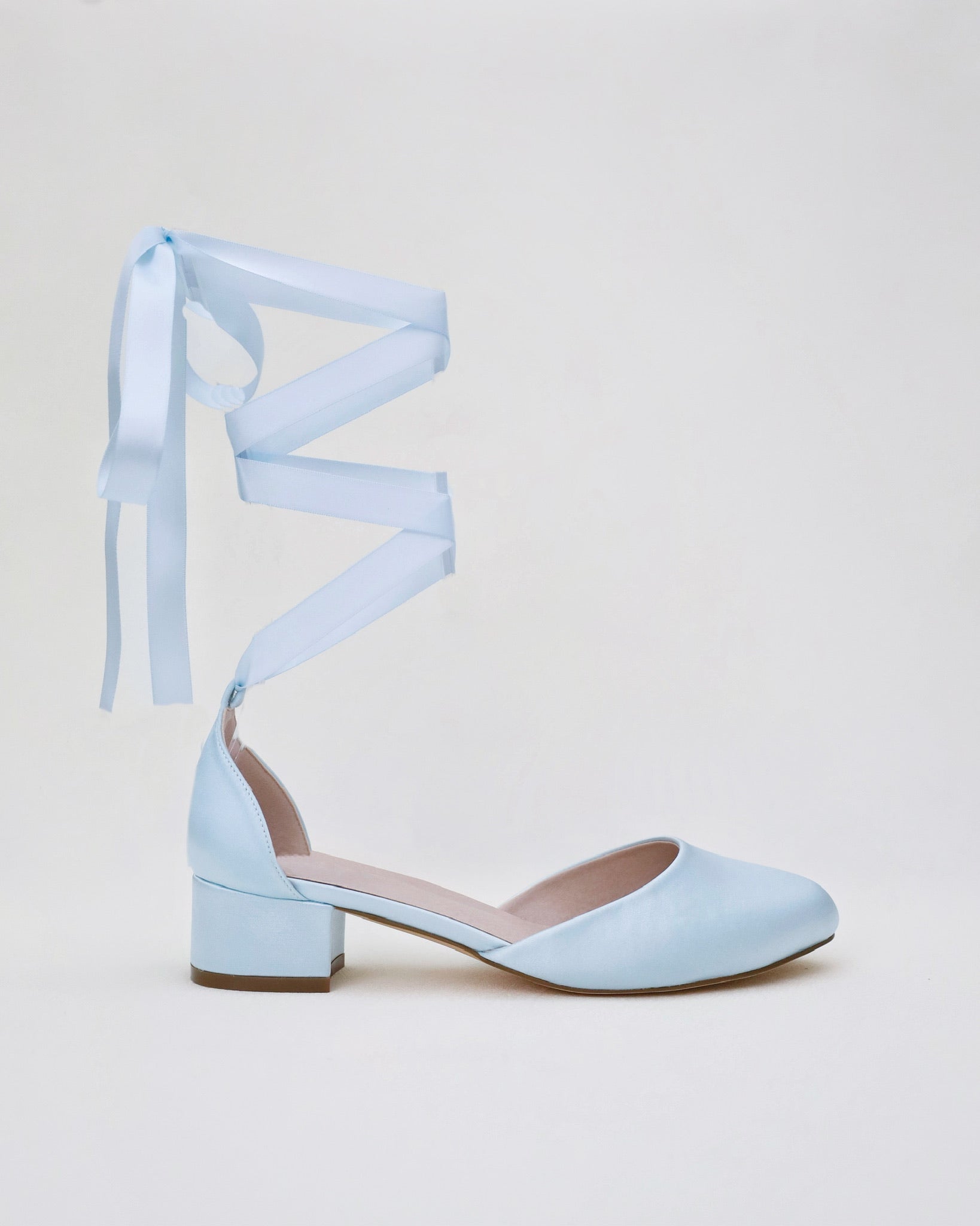 Round Toe Satin Low Block Heel with Ballerina Lace Up, Wedding Shoes