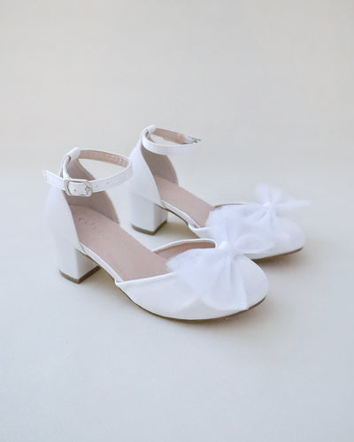 white satin block heels flower girls shoes with tulle bow