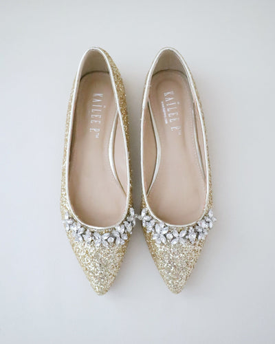 Gold Glitter Bridesmaids Flats with Floral Rhinestones