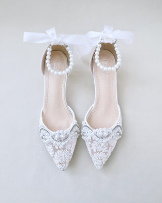 Crochet Lace Pointy Toe Wedding Kitten Low Heel with Small Pearls AppliqueWomen Shoes