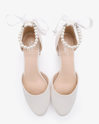 White Round Toe Satin Low Block Heel with All Pearls Ankle Strap