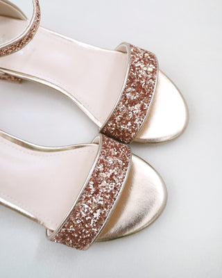 Rose Gold Rock Glitter Low Block Heel Flower Girls Sandals