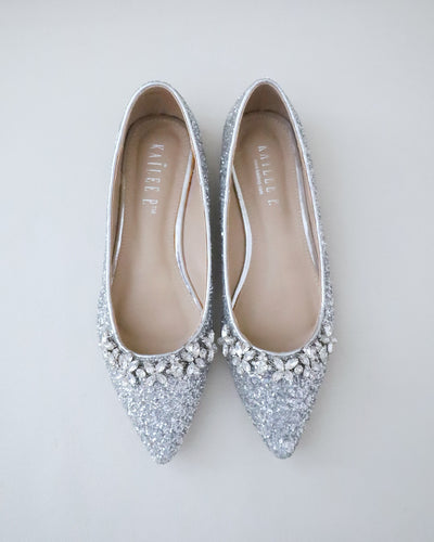 Silver Glitter Bridesmaids Flats with Floral Rhinestones
