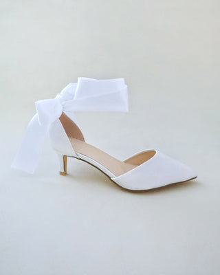 Satin Pointy Toe Low Heels with Wrapped Ankle Tie