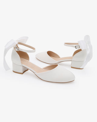 White Round Toe Satin Low Block Heel with Back Satin Bow