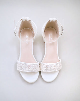 Ivory crochet lace low block heels girls sandals