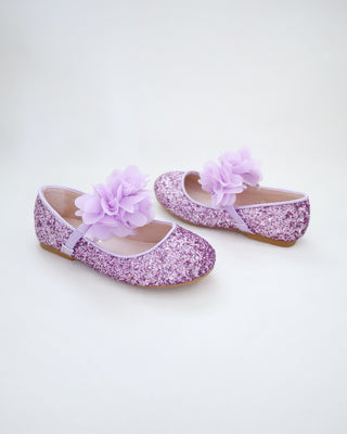 Rock Glitter Mary Jane Flats with Purple Chiffon Flowers