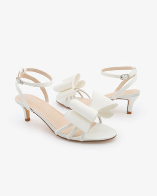 White Satin Ankle Strap Low Kitten Heel Sandals with Bow Wedding Shoes