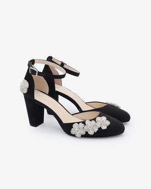 Satin Block Heel with Rhinestones Chassia Flower