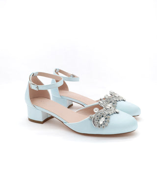 Round Toe Satin Block Heel with Small Rhinestones Applique