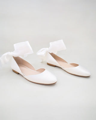 Satin Round Toe Bridal Flat with Wrapped Ribbon Tie