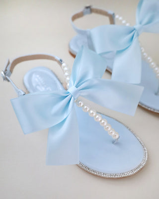 T-Strap Pearls Wedding Flat Sandals with Oversized Bow