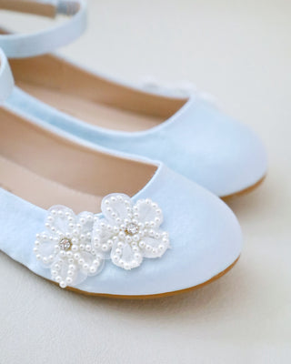 Satin Flower Girls Ballet Flats with All Pearls Chassia Flowers