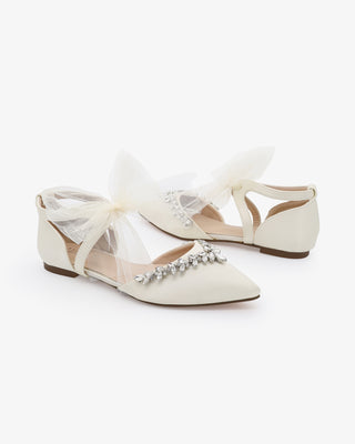 Satin Pointy Toe Flats with Starlet Rhinestones Embellishment and Organza TieWomen Shoes