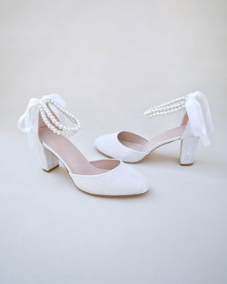 white lace wedding block heels with pearls strap
