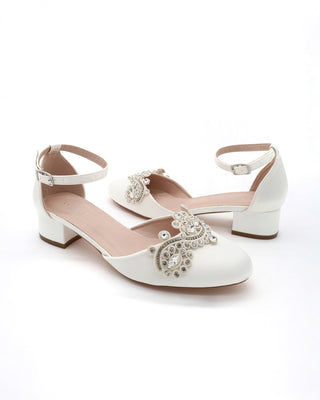 Round Toe Satin Block Heel with Small Rhinestones Applique