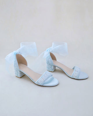 Crochet Lace Block Heel Wedding Sandals with Wrapped Ankle TieWomen Shoes