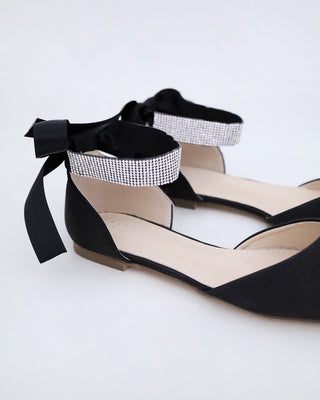 Satin Pointy Toe Evening Flats with Rhinestones Strap