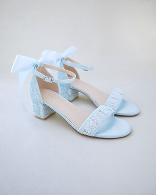 light blue crochet lace wedding heel sandals with bow