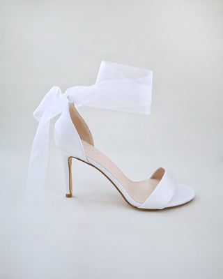 white satin high heels wedding sandals with wrapped tie