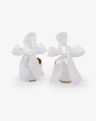 White Round Toe Satin Low Block Heel with Wrapped Ribbon Tie