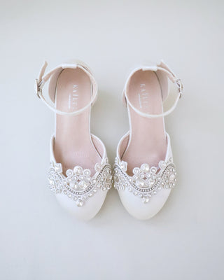 ivory satin girls block heels with rhinestones applique on vamp