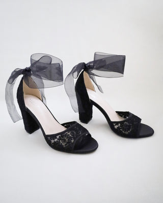 Black Crochet Lace Block Heel Evening Sandals with Wrapped Ribbon TieWomen Shoes