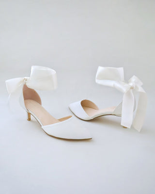 Satin Pointy Toe Low Heels with Wrapped Ankle Tie