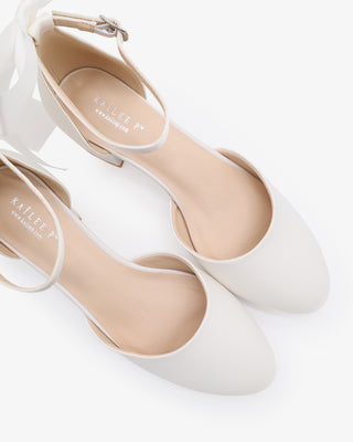 White Round Toe Satin Low Block Heel with Back Satin Bow