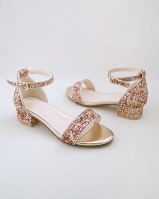 Rose Gold Rock Glitter Low Block Heel Flower Girls Sandals