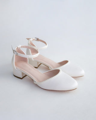 Round Toe Satin Block Heel with Mini Pearls