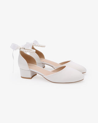 White Round Toe Satin Low Block Heel with All Pearls Ankle Strap