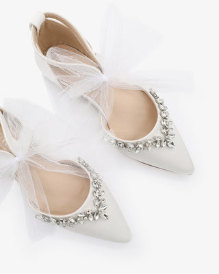 White satin pointy toe bridal flats with starlet rhinestone embellishment and organza bow tie, elegant wedding shoes