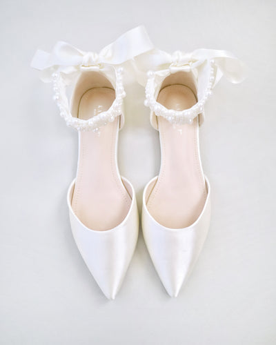 Ivory Satin Bridal Flats with Perla Applique Ankle Strap