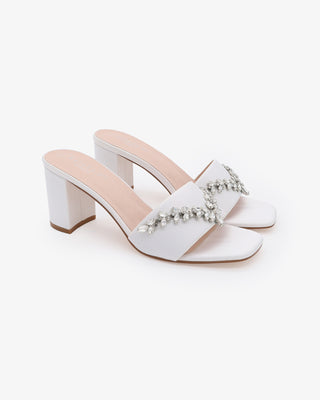 White Comfortable Sparkly Rhinestone Satin Wedding Slide Block Heels