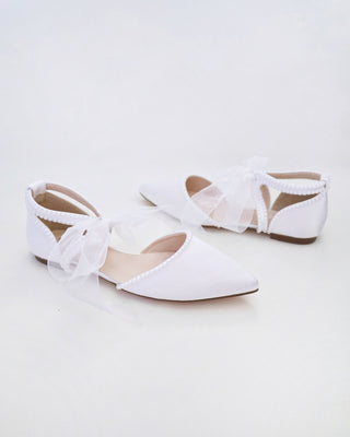Satin Pointy Toe Flats with Mini Pearls and Chiffon Ribbon Tie