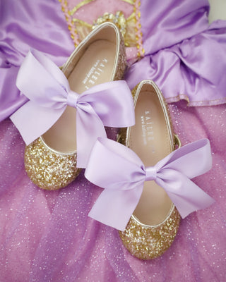 Gold Rock Glitter Mary Jane with Lavender Satin Bow
