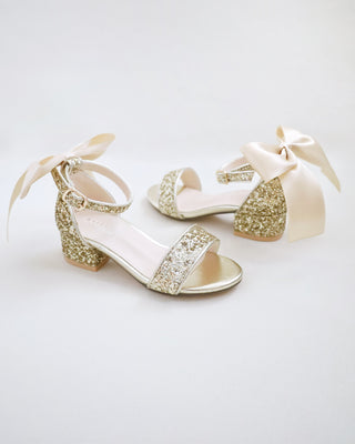 Rock Glitter Low Block Heel Girls Sandals with Back Satin Bow