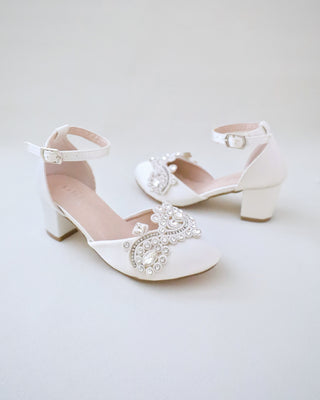 ivory satin girls block heels with rhinestones applique on vamp