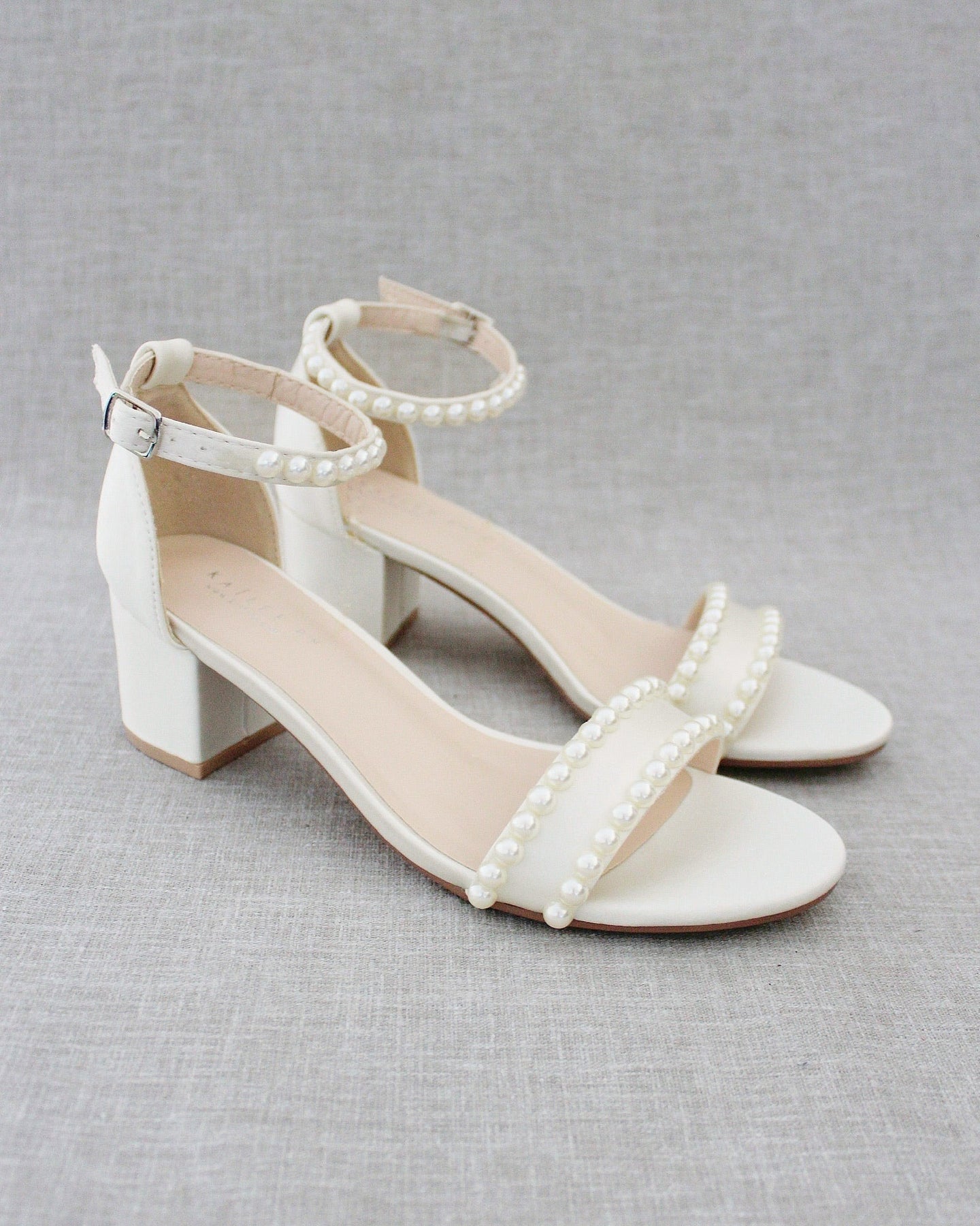 Ivory Satin Block Heel Sandals with Pearls - Women Sandals, Wedding ...